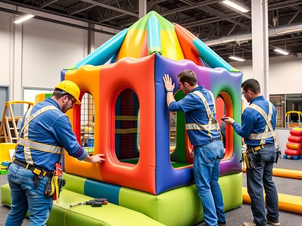 A team of professional installers carefully assembling a soft play structure in a commercial setting, ensuring safety and adherence to design specifications. The image should highlight the precision and expertise involved in the installation process.