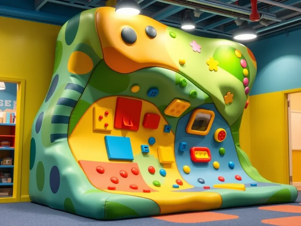 A unique, custom-built soft play element, such as a themed climbing wall or interactive panel, showcasing the bespoke design capabilities of Playcraft Group. The image should emphasize the creativity and craftsmanship involved in creating custom play solutions.